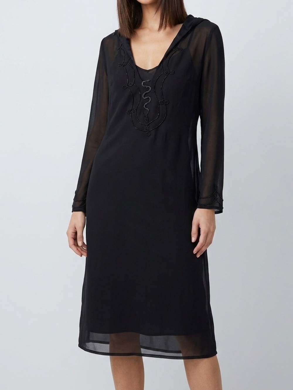 Koton Black Beaded Long Sleeve Hooded‎ Swim Coverup Midi Dress Size 6 Small